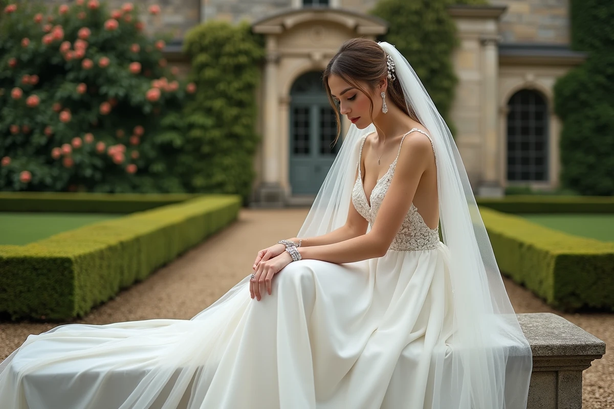 Mariée assise dans un jardin de château français ajustant son bracelet de diamants, robe de mariée en mousseline avec voile et accessoires élégants