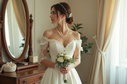 Mariée en robe de cérémonie ivoire avec accessoires indispensables : collier de perles, épingles à cheveux et bouquet de roses blanches devant un miroir vintage