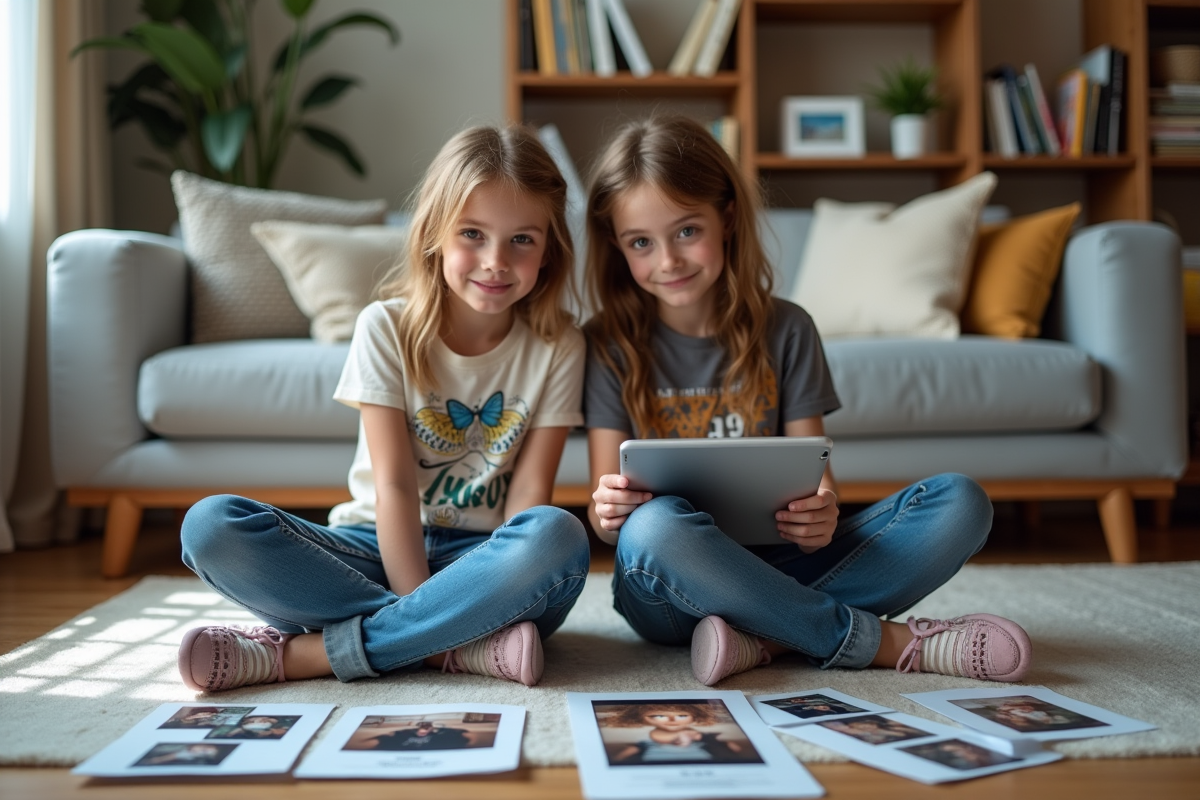 Adolescents regardant des photos et une tablette dans le salon