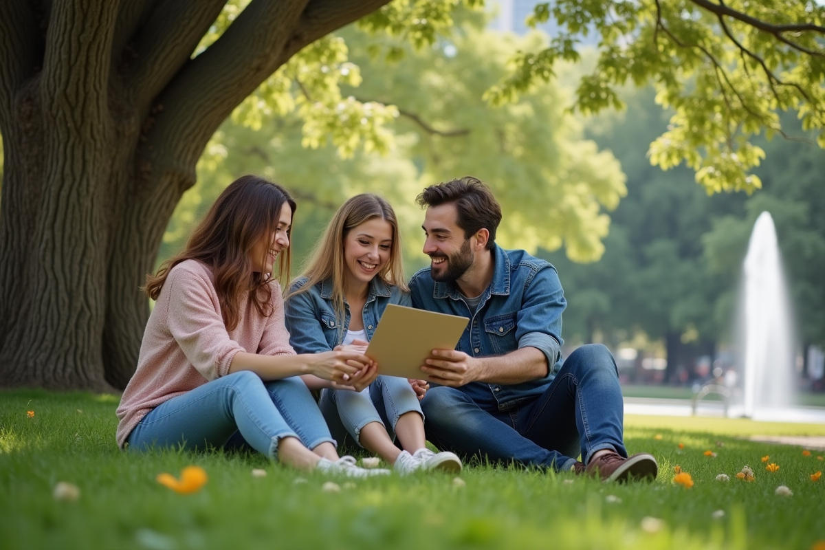 Amis surpris lisant une annonce de mariage dans un parc urbain