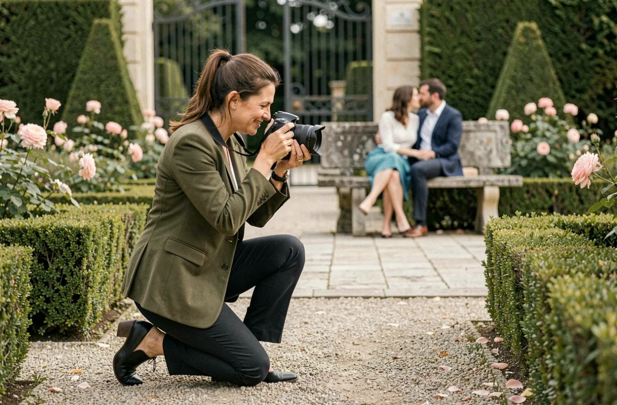 Anne-Sophie Holzer photographe de mariage travaillant dans un jardin à la française près de Lyon