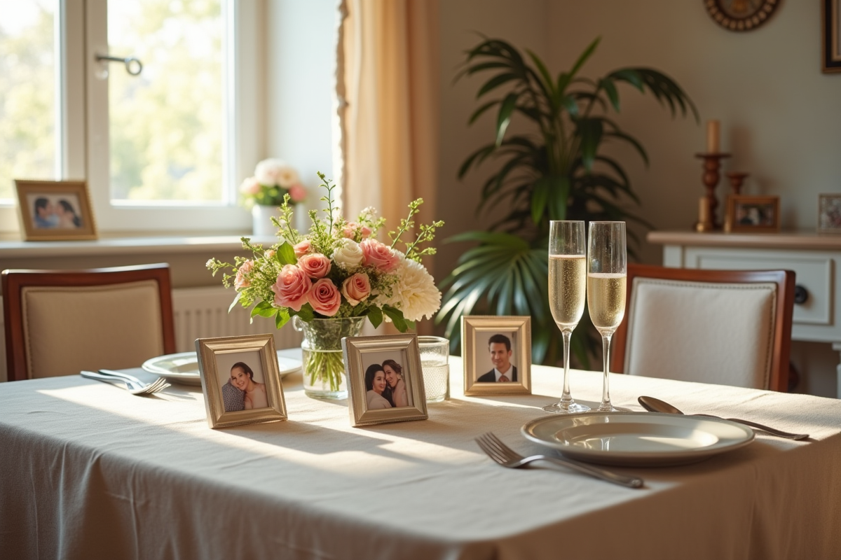 Table d anniversaire élégante pour deux avec photos et fleurs