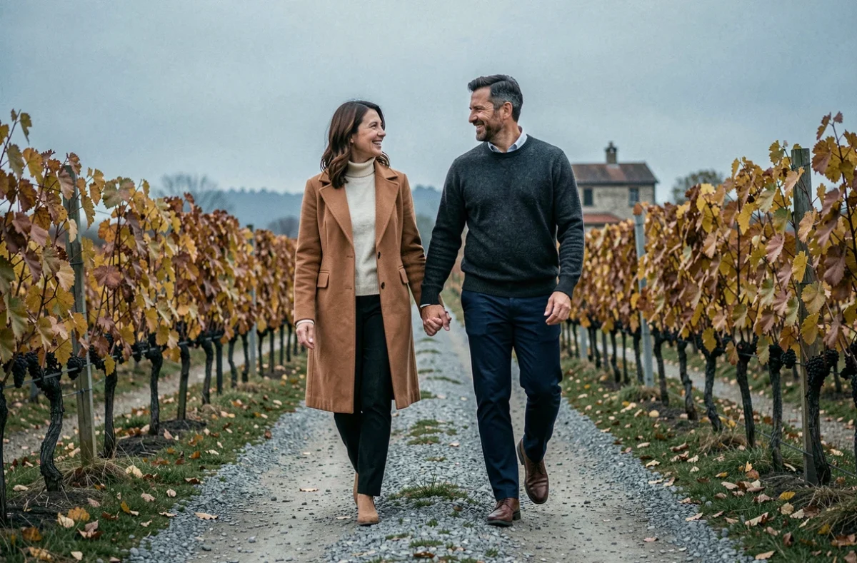 Couple anniversaire 22 ans de mariage se promenant dans les vignes en automne lors d'une escapade romantique à la campagne