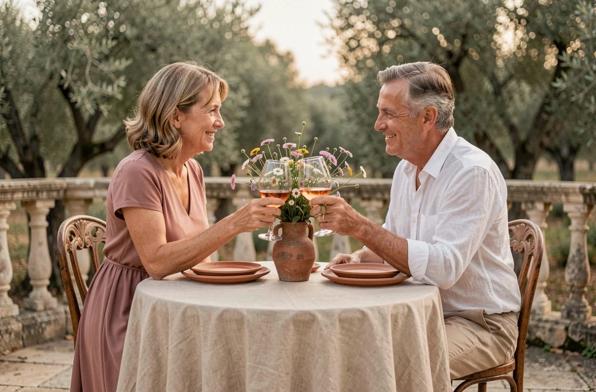 Couple célébrant 35 ans de vie commune autour d'un dîner romantique sur une terrasse provençale avec verres de rosé et fleurs sauvages