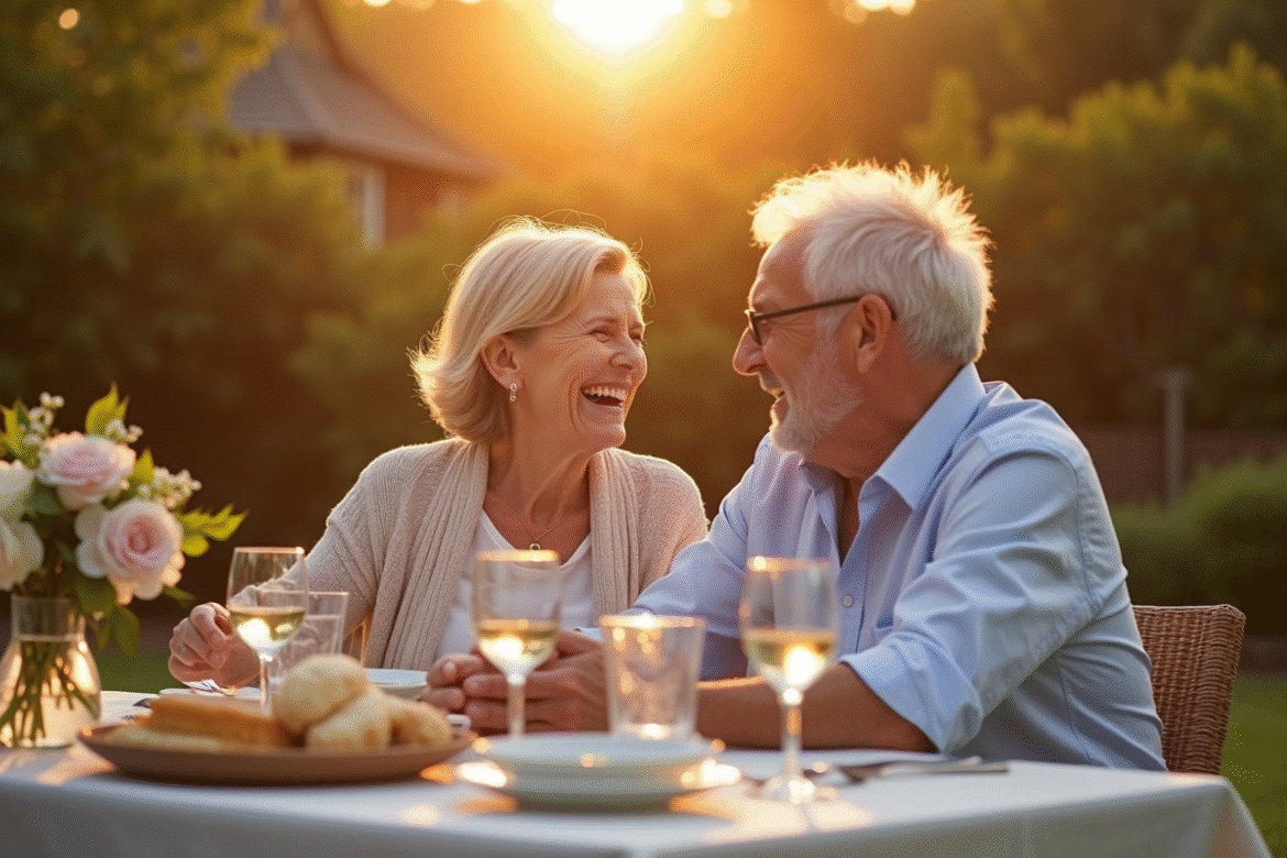 Couple mature célébrant 34 ans de mariage en plein air