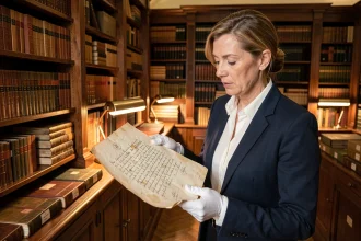 Conservatrice examinant des lettres manuscrites historiques dans une salle d'archives française, évoquant les correspondances de l'épouse de Louis XIV