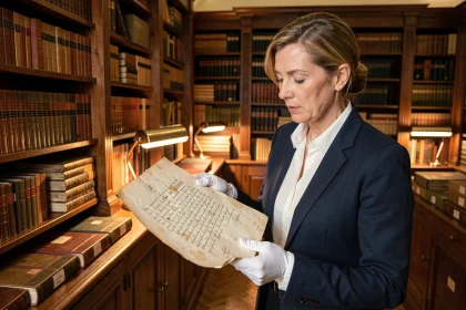 Conservatrice examinant des lettres manuscrites historiques dans une salle d'archives française, évoquant les correspondances de l'épouse de Louis XIV