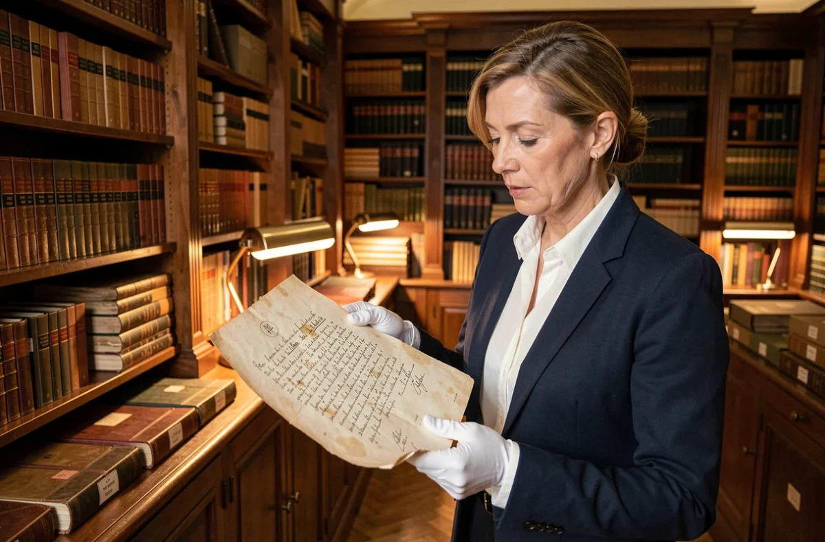 Conservatrice examinant des lettres manuscrites historiques dans une salle d'archives française, évoquant les correspondances de l'épouse de Louis XIV