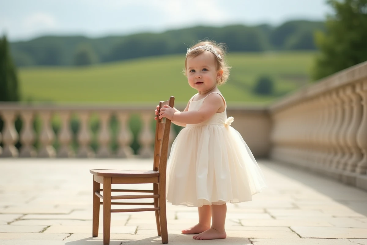 Bébé debout en robe mariage chiffon simple sur terrasse de château en campagne française