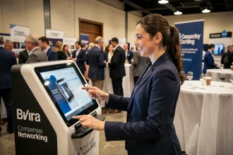 Femme professionnelle interagissant avec une borne photo Shootnbox lors d'un événement d'entreprise dans un salon de networking