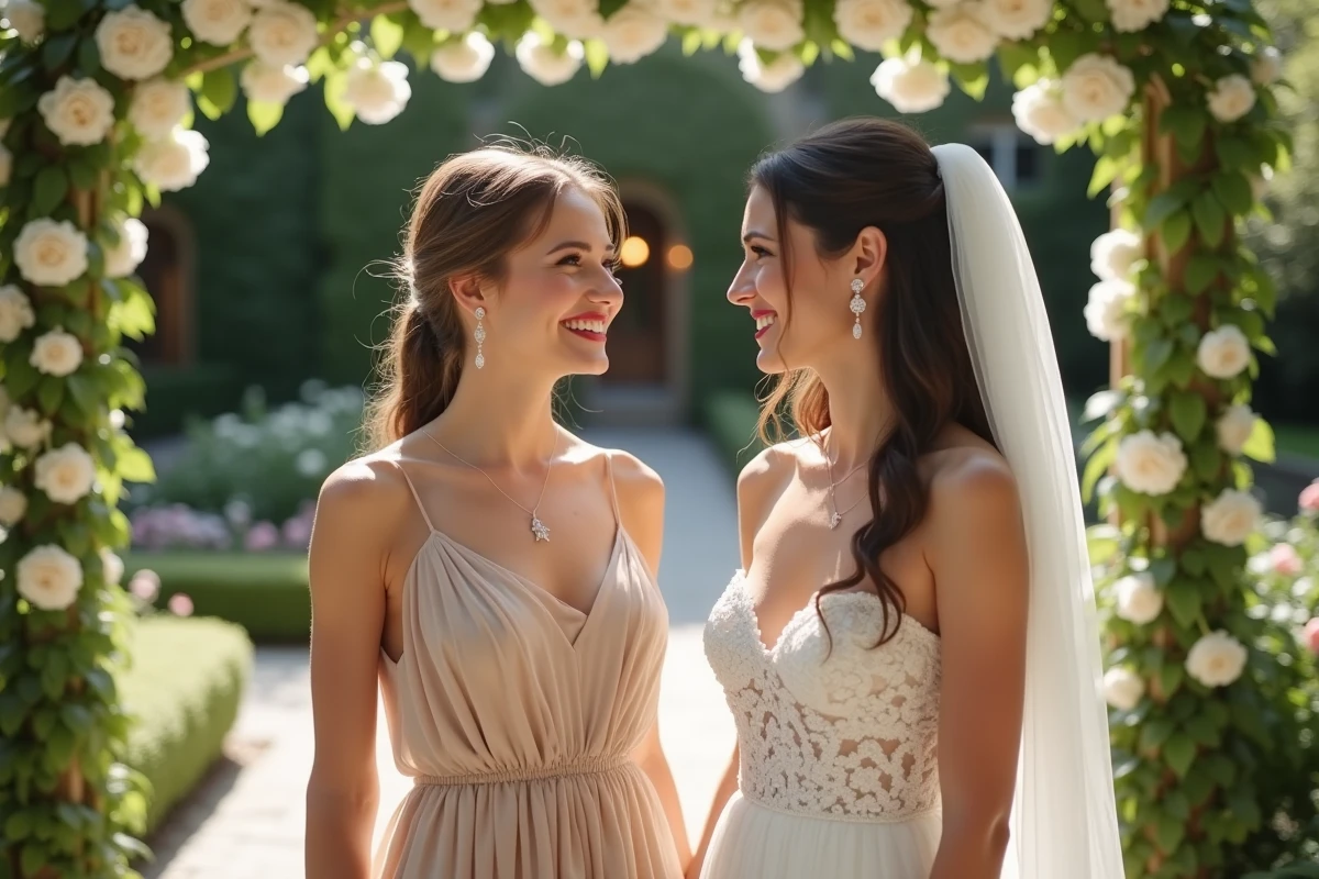 Mariée et demoiselle d'honneur assorties avec boucles d'oreilles cristal et maquillages coordonnés dans un jardin
