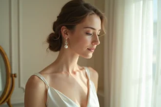 Mariée portant des boucles d'oreilles perles avec un maquillage naturel rose et un chignon élégant