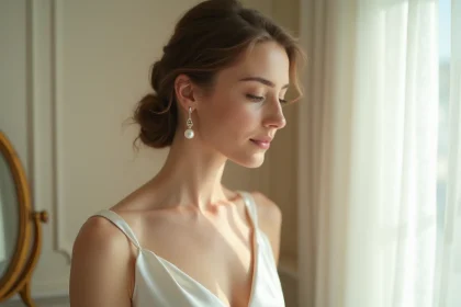 Mariée portant des boucles d'oreilles perles avec un maquillage naturel rose et un chignon élégant