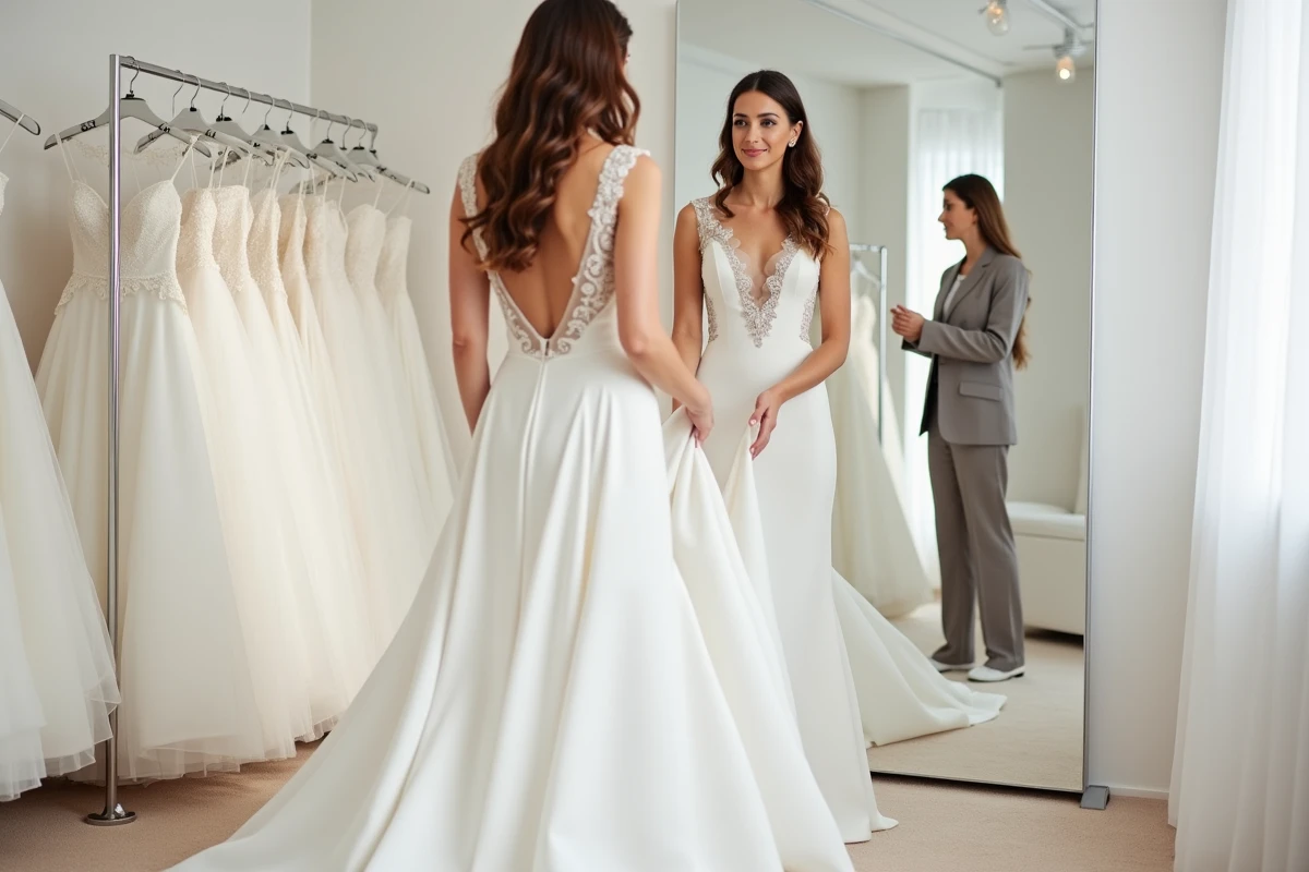 Mariée essayant une robe de mariée dans une boutique multimarque avec une conseillère en mariage