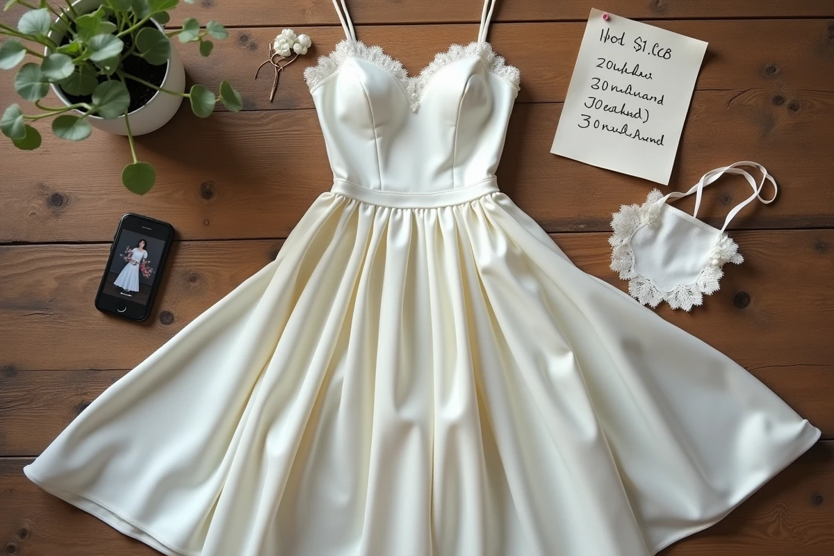 Robe de mariée posée sur une table en bois avec une étiquette de prix et un smartphone affichant un site de robes de mariée d'occasion pour comparer les tarifs