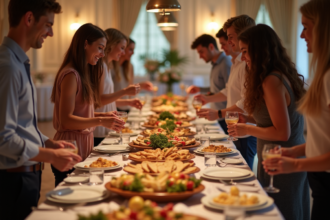 Groupe d'adultes et adolescents autour d'un buffet froid lors d'un événement convivial