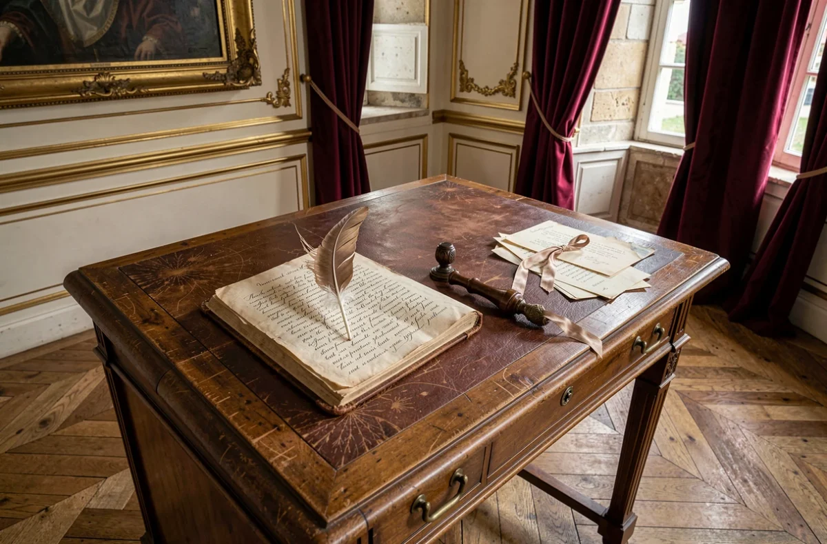 Reconstitution historique d'un bureau royal du XVIIe siècle avec lettres manuscrites et cachet de cire, illustrant les mémoires de la cour de Louis XIV