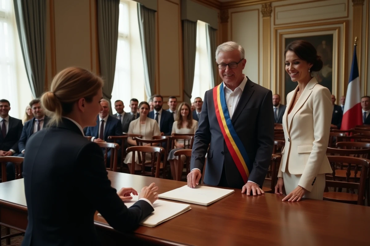 Officier d'état civil célébrant un mariage en mairie, illustration d'une cérémonie civile un samedi matin en France