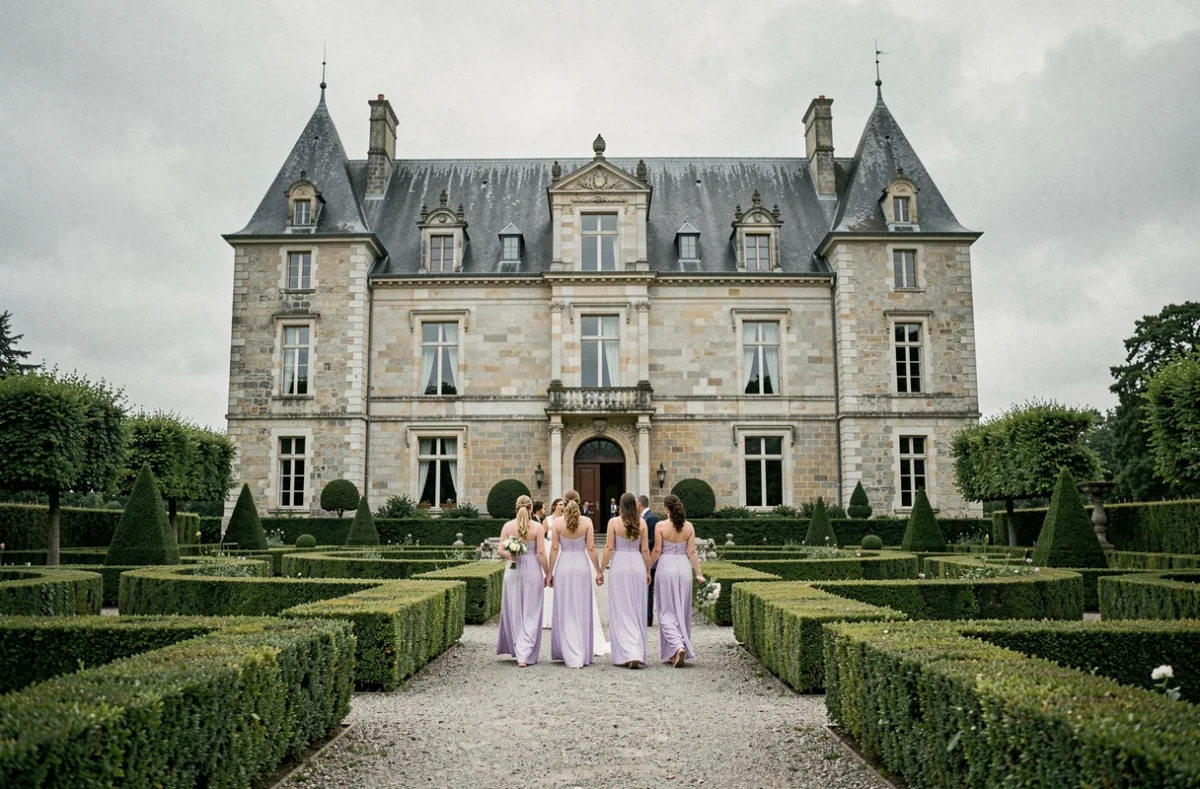 Façade du Château de Beaumanoir à Évran entourée de jardins formels soignés avec un cortège de mariée en robes lavande sur les allées gravillonnées