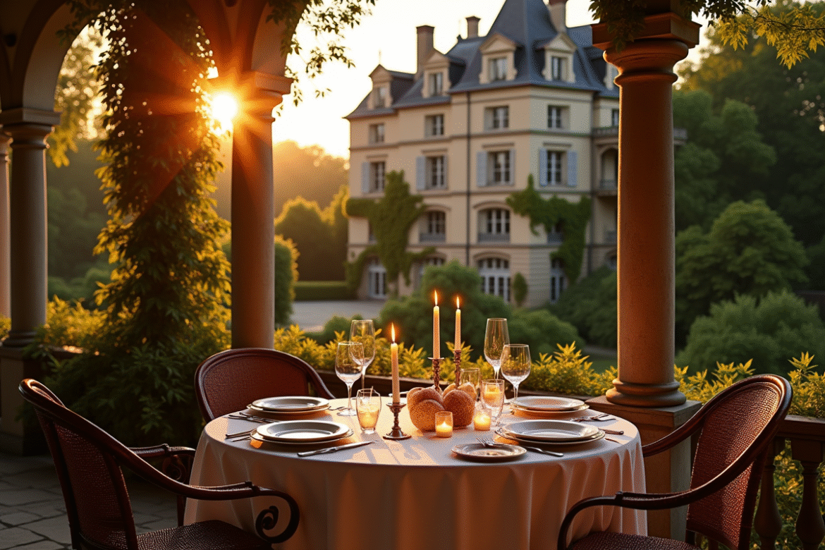 Château français luxueux avec jardin et dîner romantique