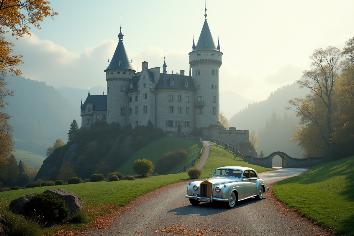 Château au matin brumeux avec voiture vintage et pétales