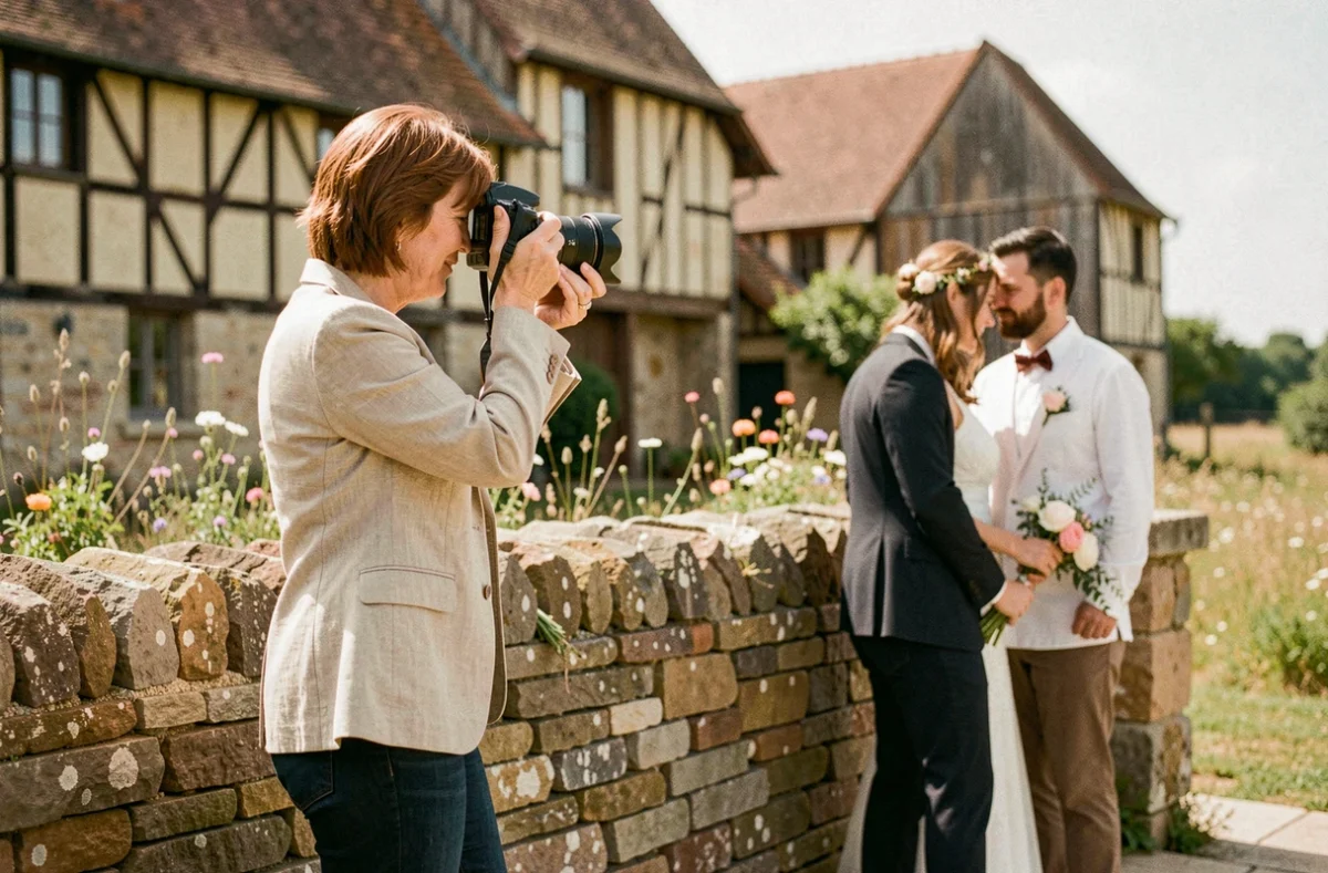 Claire Willem photographiant un couple de mariés dans la campagne de Franche-Comté près d'une ferme en pierre