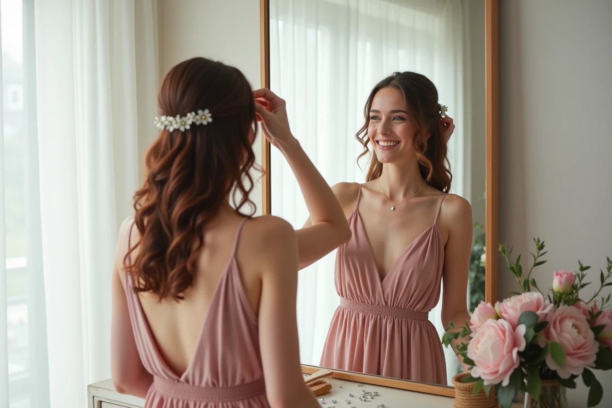 Deux demoiselles d'honneur se coiffant mutuellement avec des fleurs dans les cheveux avant la cérémonie