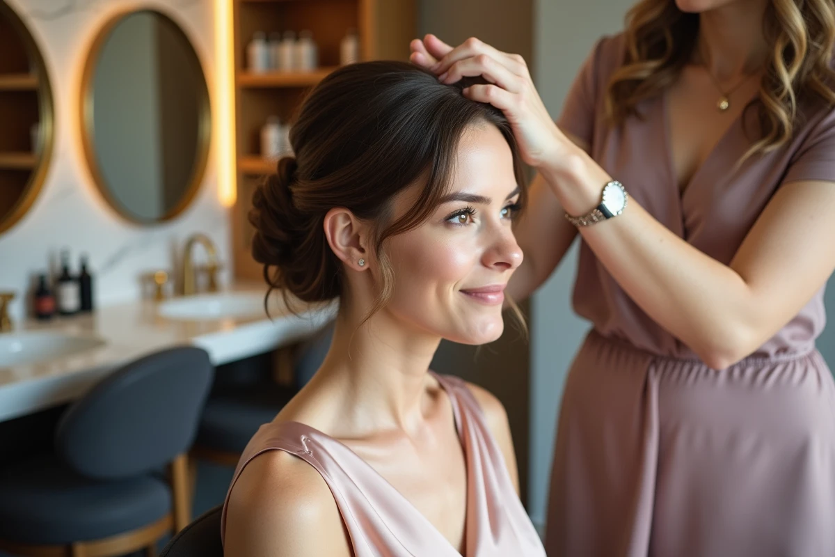 Demoiselle d'honneur assise chez le coiffeur avec une coiffure chignon élégante en cours de réalisation