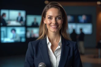 Commentatrice sportive professionnelle en studio de télévision avec microphone, portrait éditorial