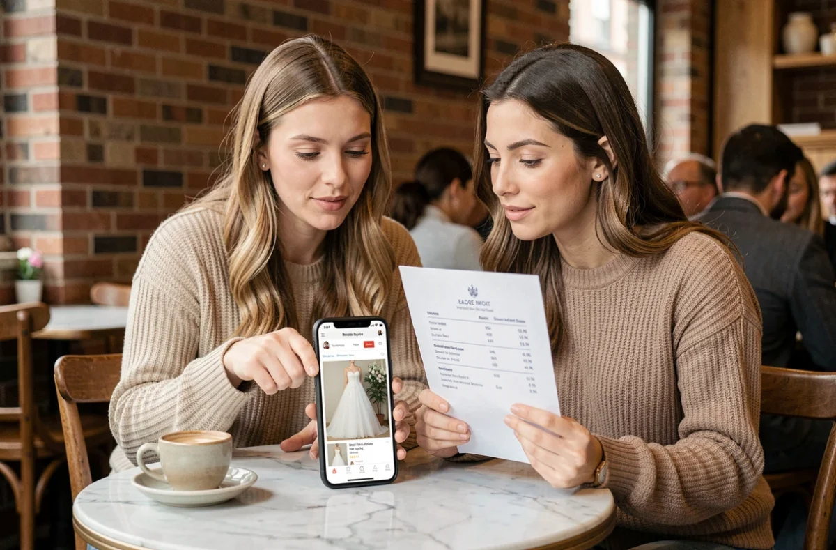 Deux amies comparant les prix d'une robe de mariée entre boutique et site internet autour d'un café