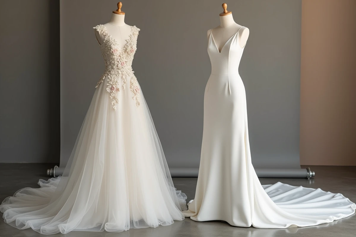 Comparaison entre une robe de mariée haute couture et une robe de mariée prêt-à-porter sur des mannequins de couture