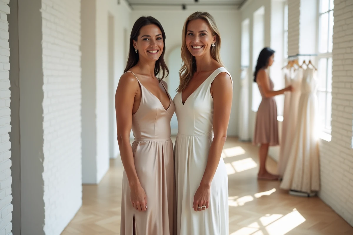 Deux femmes comparant une robe de mariée en satin et une robe en crêpe dans une boutique de mariage minimaliste