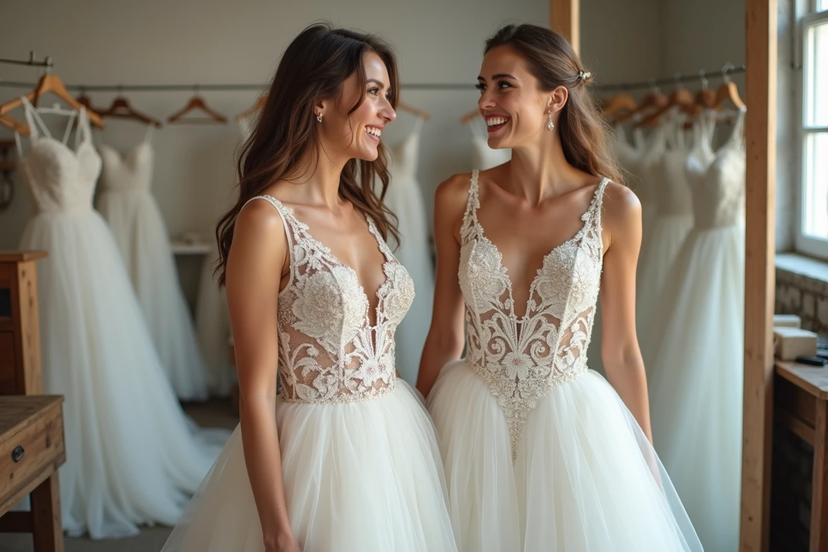 Deux femmes en robes de mariée de styles différents — dentelle bohème et robe à jupon en tulle — riant ensemble dans un atelier de couture nuptiale