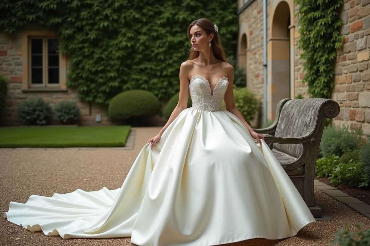 Mariée en robe de mariée princesse à traîne longue assise dans un jardin de château ajustant sa jupe