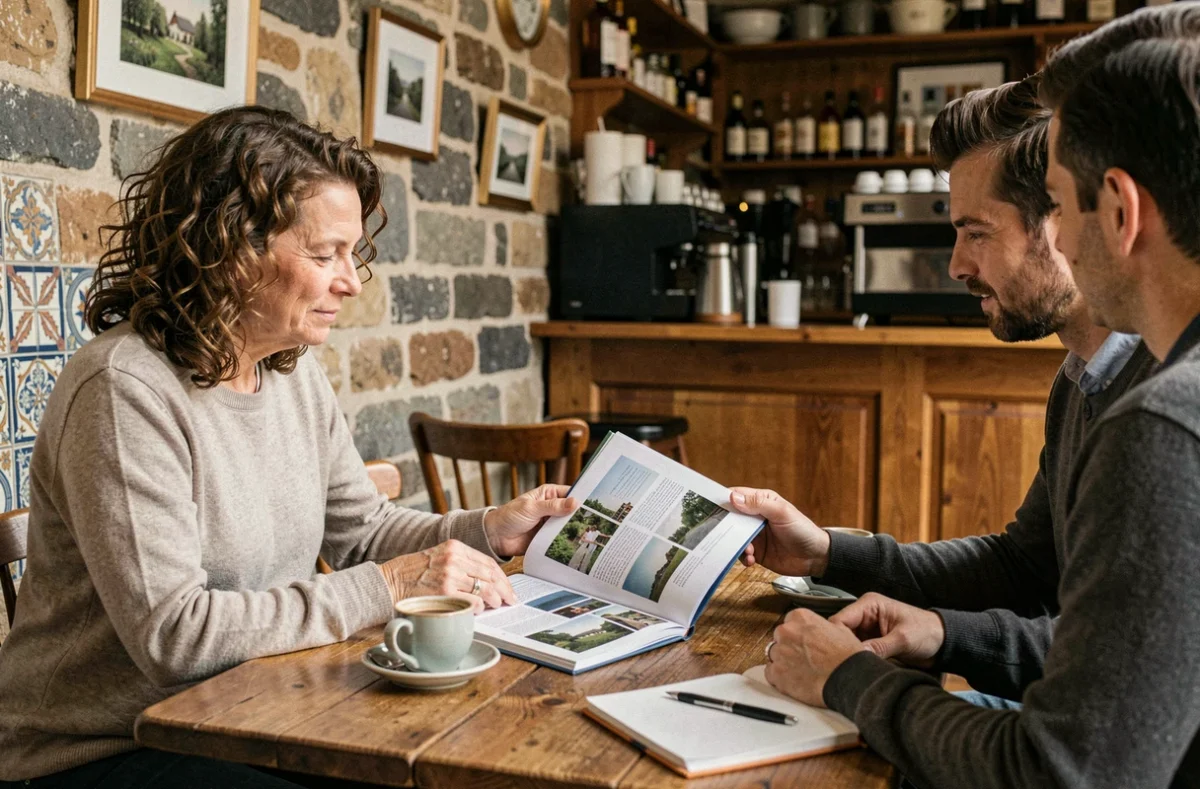 Photographe professionnelle présentant son portfolio à des clients lors d'une consultation dans un café de Pont-l'Abbé