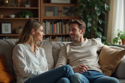 Homme et femme discutent dans un salon chaleureux
