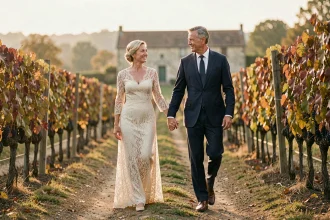 Couple fêtant leurs 35 ans de mariage en se promenant main dans la main dans un vignoble en automne, robe en dentelle ivoire et costume bleu marine