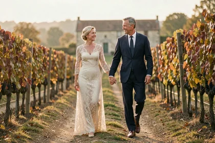 Couple fêtant leurs 35 ans de mariage en se promenant main dans la main dans un vignoble en automne, robe en dentelle ivoire et costume bleu marine