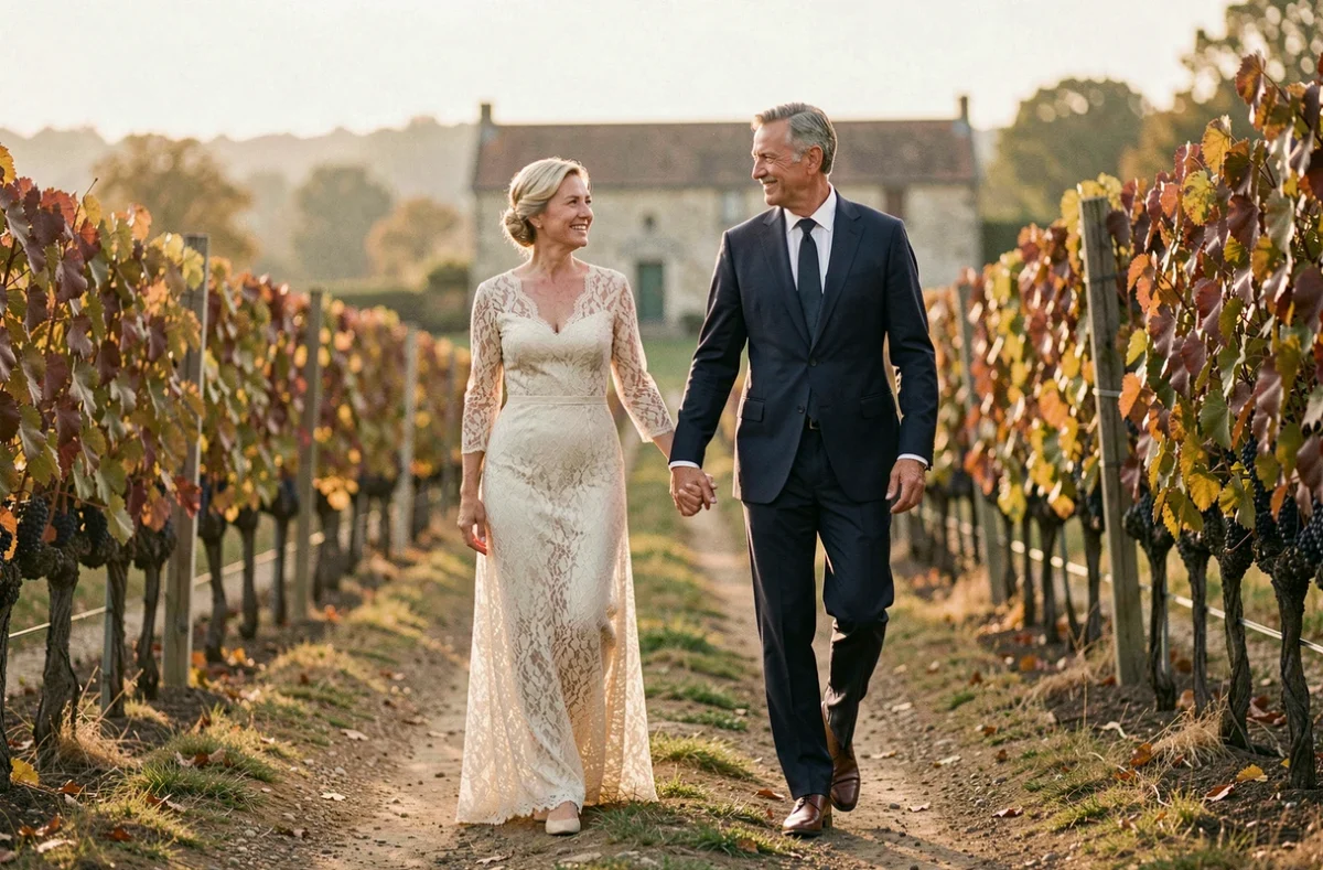 Couple fêtant leurs 35 ans de mariage en se promenant main dans la main dans un vignoble en automne, robe en dentelle ivoire et costume bleu marine