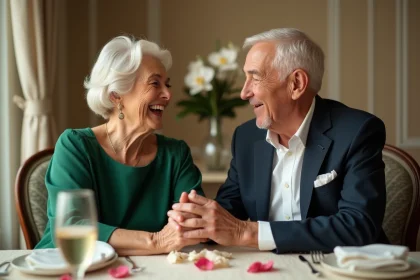 Couple de personnes âgées célébrant 55 ans de mariage lors d'un dîner d'anniversaire élégant avec champagne et fleurs