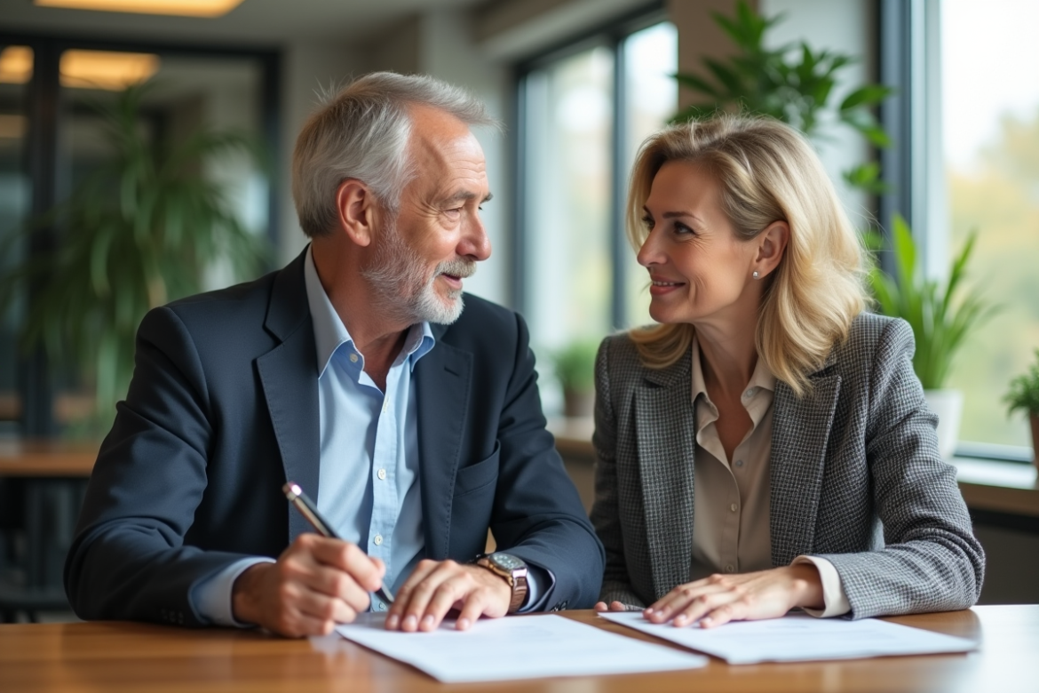 Couple mature en réunion dans un bureau moderne