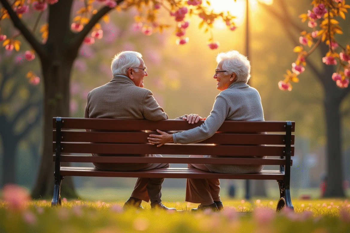 Couple âgé riant sur un banc dans un parc en fleurs