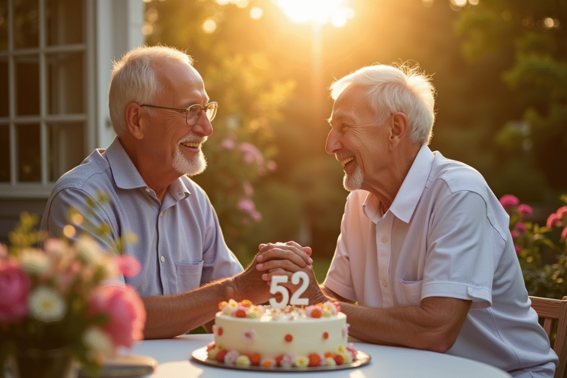 Couple âgé riant main dans la main lors d'une fête d'anniversaire
