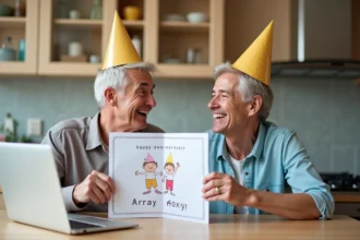 Couple souriant avec carte anniversaire humoristique