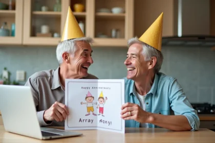 Couple souriant avec carte anniversaire humoristique