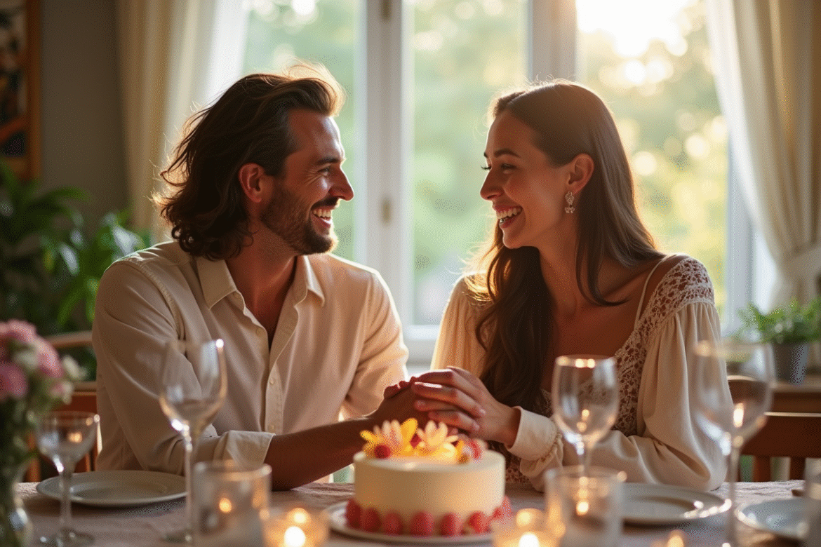 Couple heureux lors d un dîner d anniversaire romantique