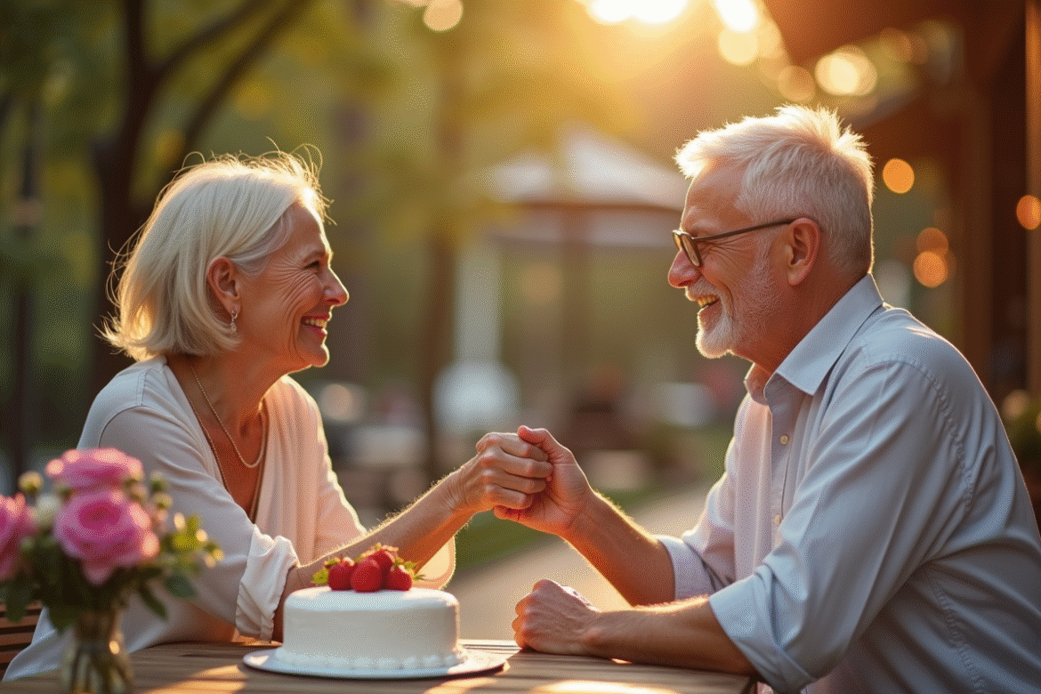 Couple mature riant à un café avec gâteau d anniversaire