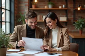 Jeune couple souriant discutant d'une annonce de mariage au café
