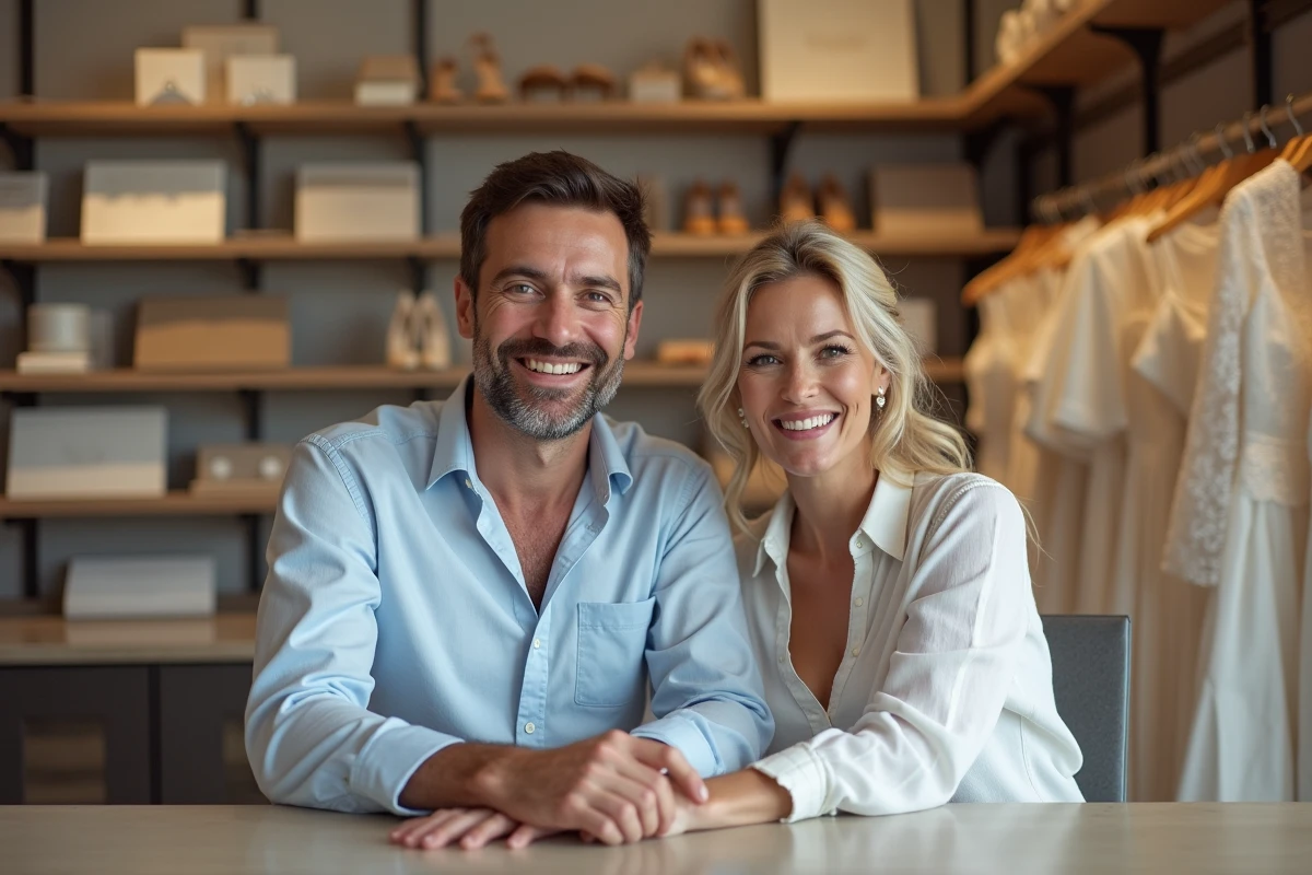 Couple souriant dans un magasin de mariage moderne et accueillant