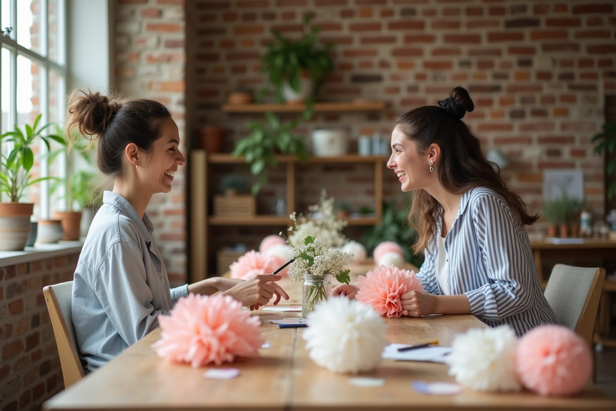 Jeune couple créant des centres de table DIY pour mariage